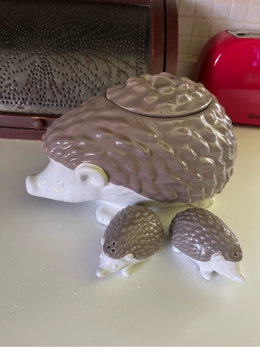 Threshold Taupe and White Ceramic Hedgehog Cookie Jar with Salt & Pepper Shakers